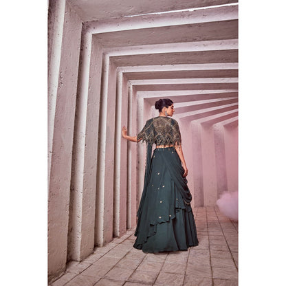 Miku Kumar Green Afra Drape Lehenga with Blouse, Cape and Belt (Set of 4)