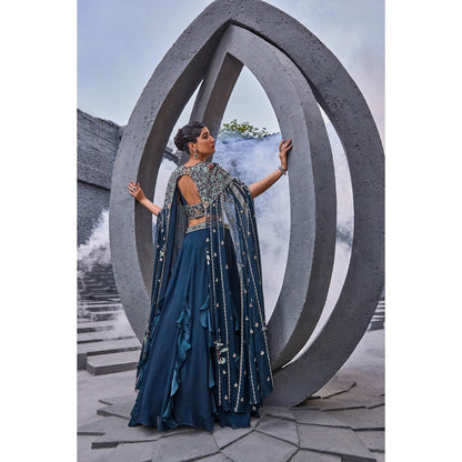 Miku Kumar Teal Feriha Drape Lehenga with Cape and Blouse (Set of 3)