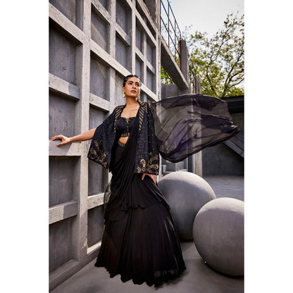 Miku Kumar Black Zoha Cape with Drape Skirt and Blouse (Set of 3)