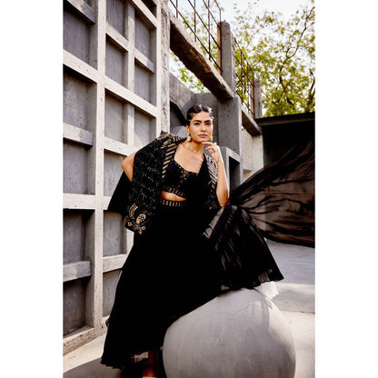 Miku Kumar Black Zoha Cape with Drape Skirt and Blouse (Set of 3)