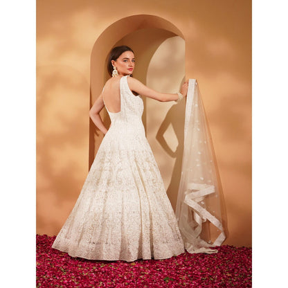 MILU MADAN White Double Net Heavy Beadwork Gown with Dupatta (Set of 2)
