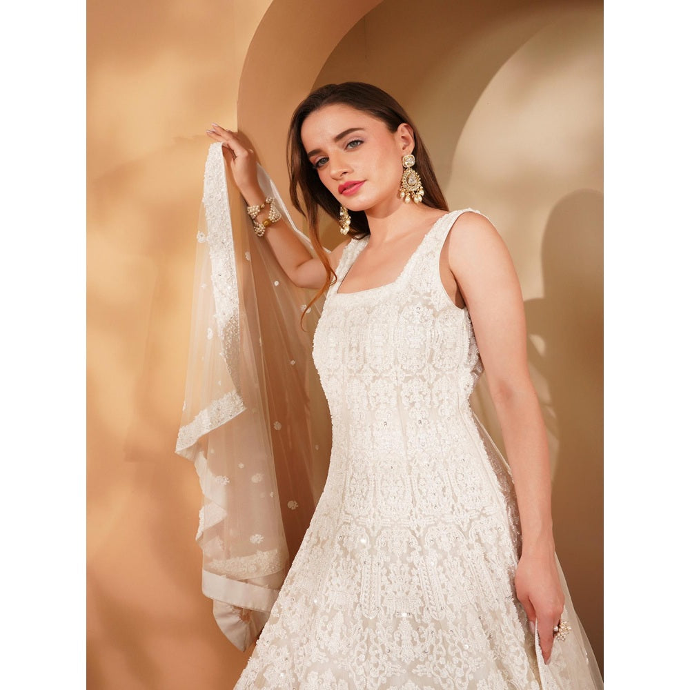 MILU MADAN White Double Net Heavy Beadwork Gown with Dupatta (Set of 2)