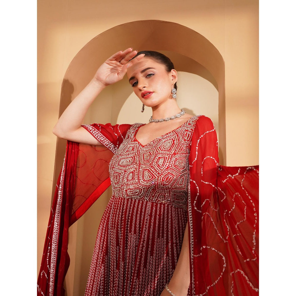 MILU MADAN Red Georgette Gown with White Sequin and Cut Dana Handwork