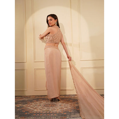 MILU MADAN Nude Crepe Drape Skirt with Blouse and Dupatta (Set of 3)