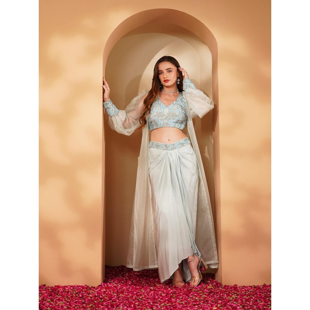 MILU MADAN Powder Blue Crepe Drape Skirt with Blouse and Jacket (Set of 3)