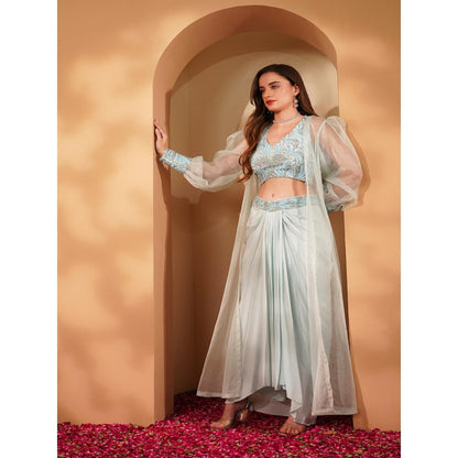MILU MADAN Powder Blue Crepe Drape Skirt with Blouse and Jacket (Set of 3)