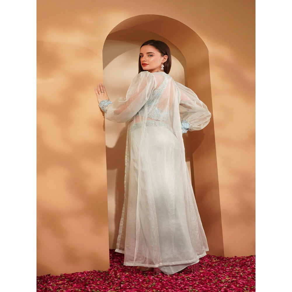 MILU MADAN Powder Blue Crepe Drape Skirt with Blouse and Jacket (Set of 3)