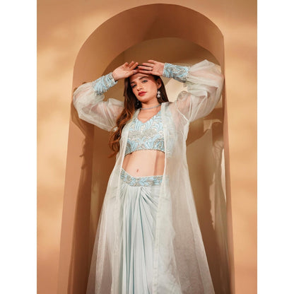 MILU MADAN Powder Blue Crepe Drape Skirt with Blouse and Jacket (Set of 3)