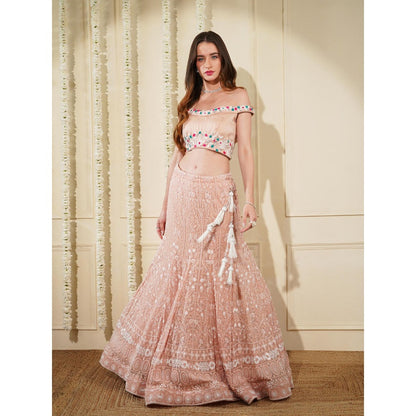 MILU MADAN Light Peach Beads Work Lehenga with Blouse and Dupatta (Set of 3)