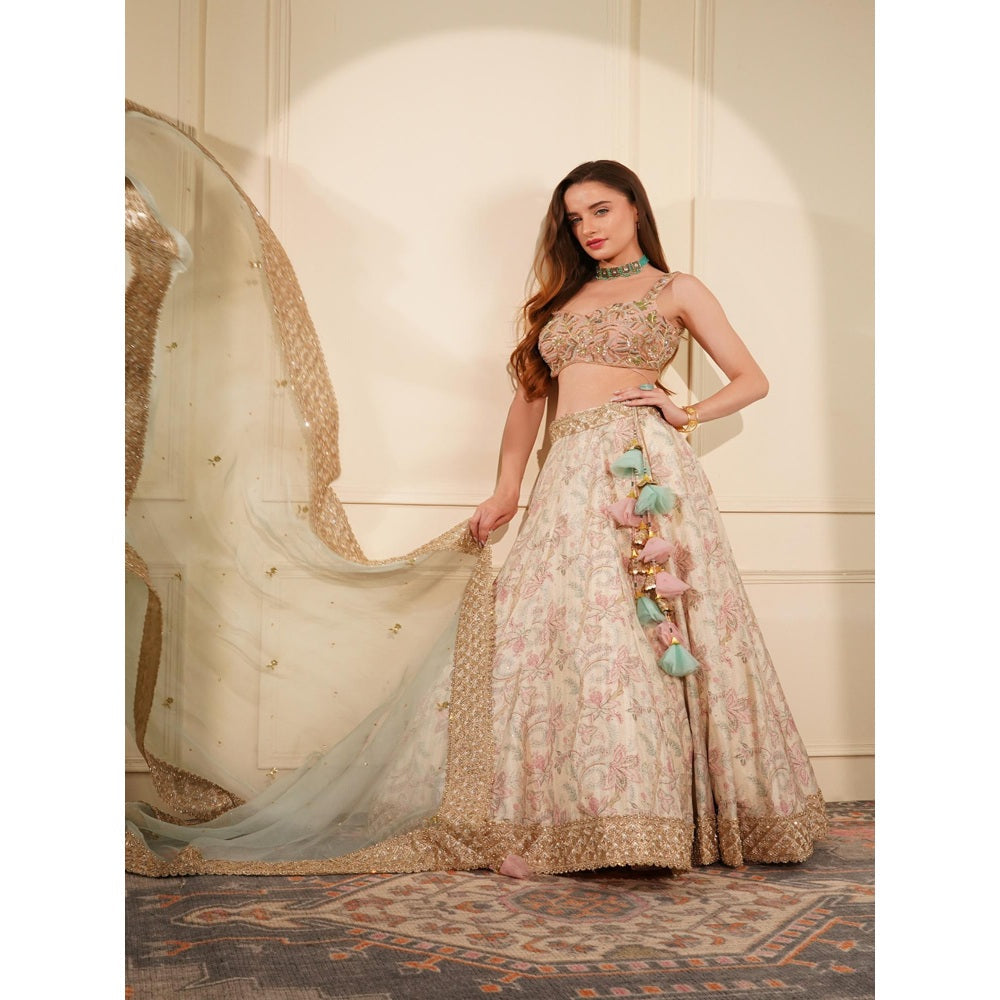 MILU MADAN Beige Printed Lehenga with Blouse and Dupatta (Set of 3)