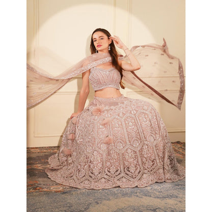 MILU MADAN Onion Pink Heavy Beadwork Lehenga with Blouse and Dupatta (Set of 3)