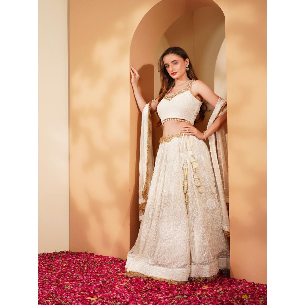 MILU MADAN White Lehenga with Blouse and Dupatta (Set of 3)