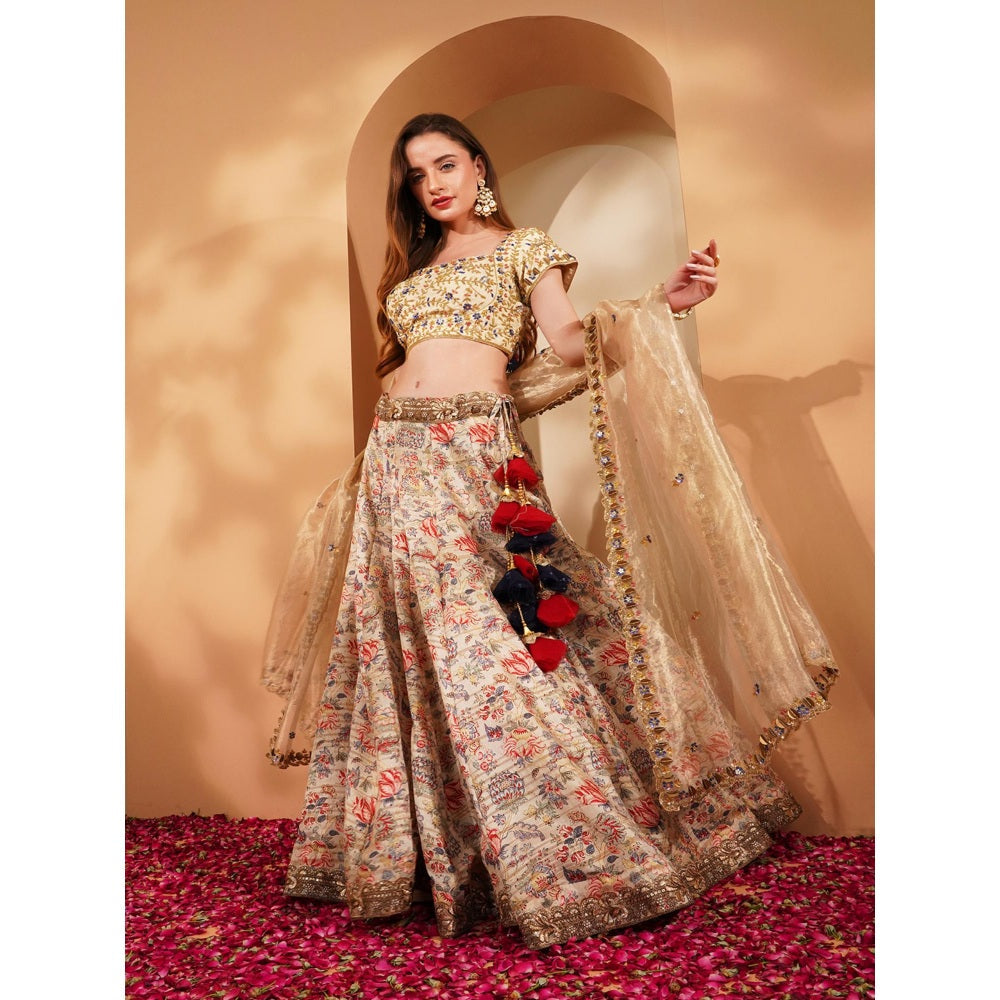 MILU MADAN Light Beige Gisha Silk Printed Lehenga with Blouse and Dupatta (Set of 3)