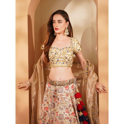 MILU MADAN Light Beige Gisha Silk Printed Lehenga with Blouse and Dupatta (Set of 3)
