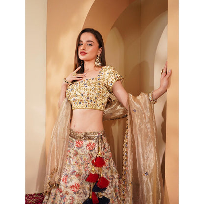 MILU MADAN Light Beige Gisha Silk Printed Lehenga with Blouse and Dupatta (Set of 3)