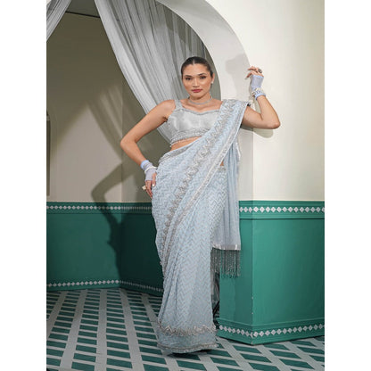 MILU MADAN Powder Blue Georgette Silver Sequin Saree with Stitched Blouse