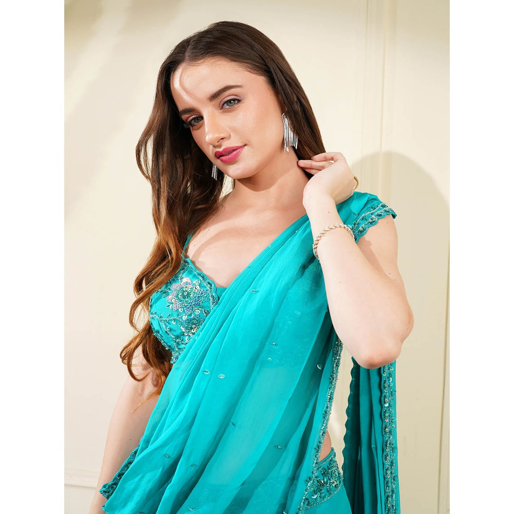 MILU MADAN Teal Green Organza Pre-Drape Saree with Stitched Blouse