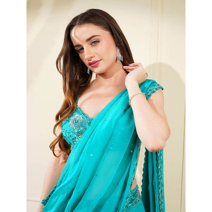 MILU MADAN Teal Green Organza Pre-Drape Saree with Stitched Blouse