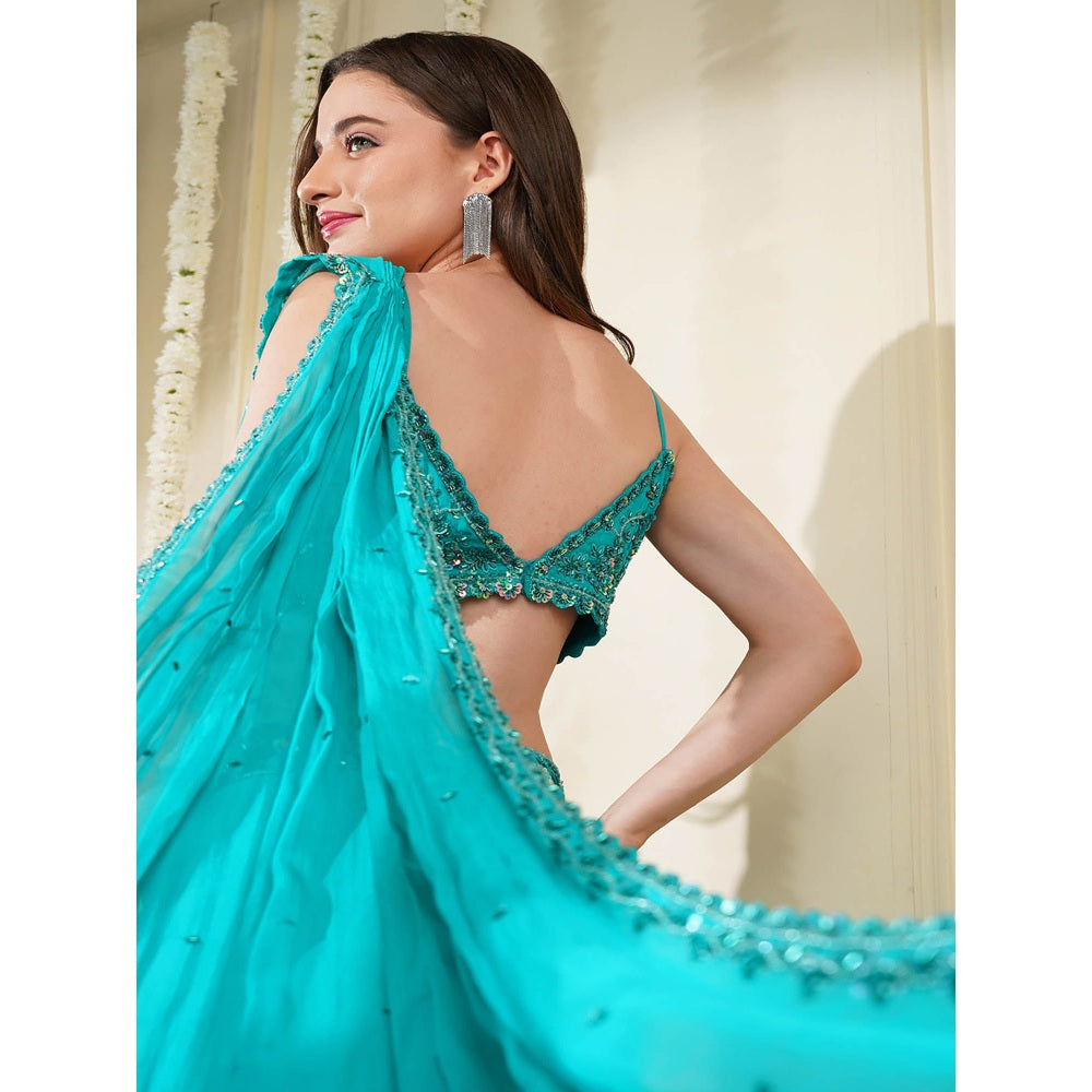 MILU MADAN Teal Green Organza Pre-Drape Saree with Stitched Blouse