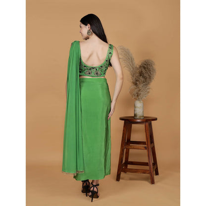 MILU MADAN Leaf Green Crepe Embroidery Pre-Drape Saree with Stitched Blouse