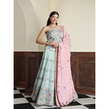 MILU MADAN Light Sea Blue Sequins Beadwork Blouse with Lehenga and Dupatta