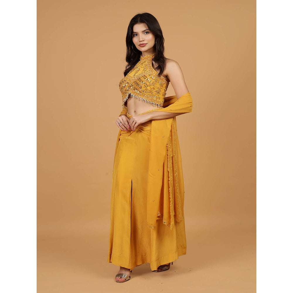 MILU MADAN Mustard Crepe Fish Cut Skirt Lehenga with Blouse and Dupatta