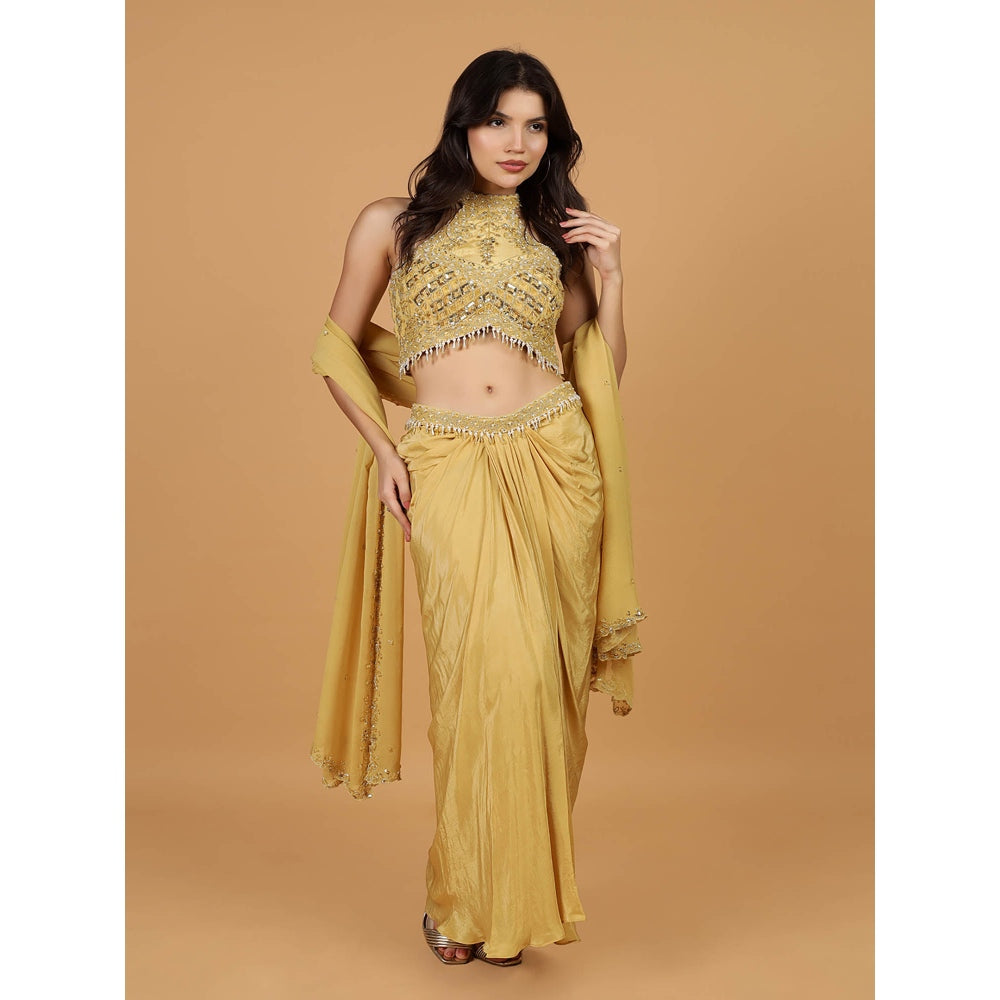 MILU MADAN Gold Sequins Cut dana Pearl Work Blouse with Lehenga and Dupatta