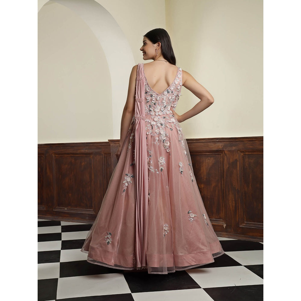 MILU MADAN Nude Pink Net Opaque Sequins Work Gown