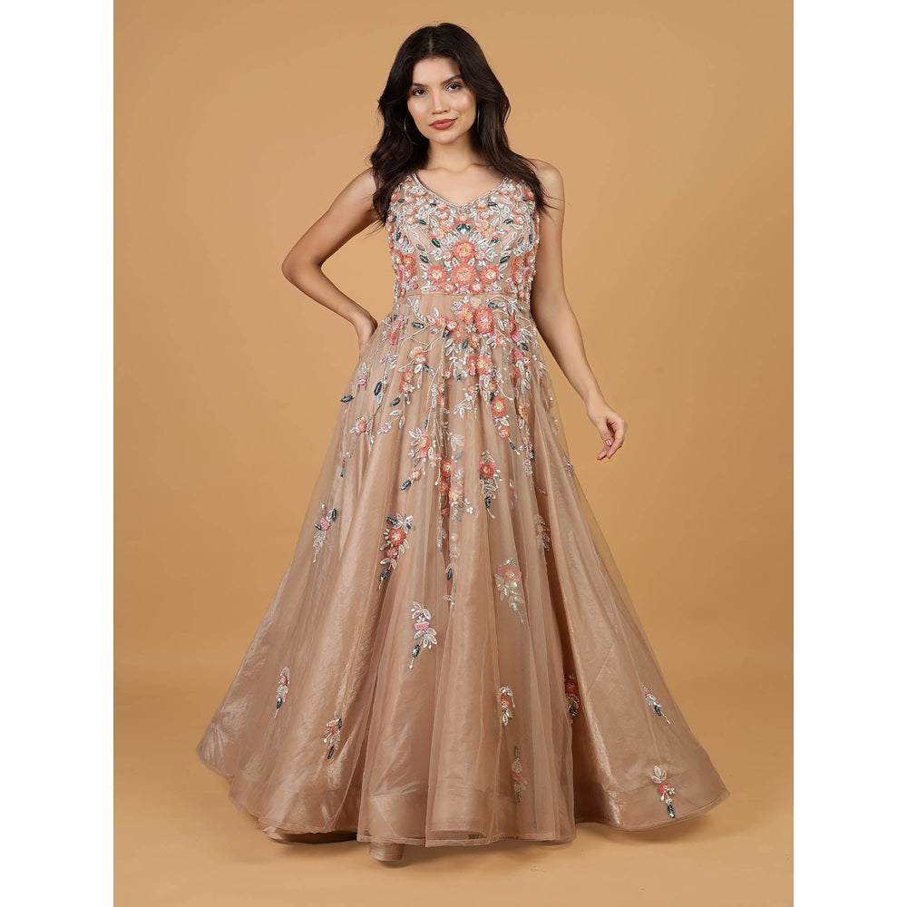 MILU MADAN Brown Net Opaque Sequins Work Gown