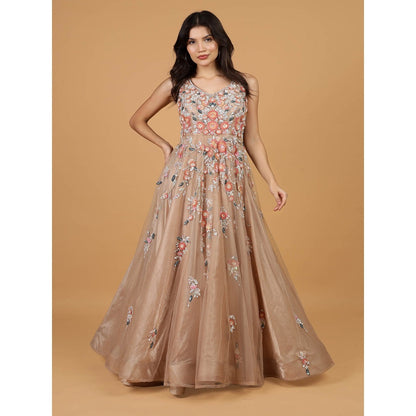MILU MADAN Brown Net Opaque Sequins Work Gown