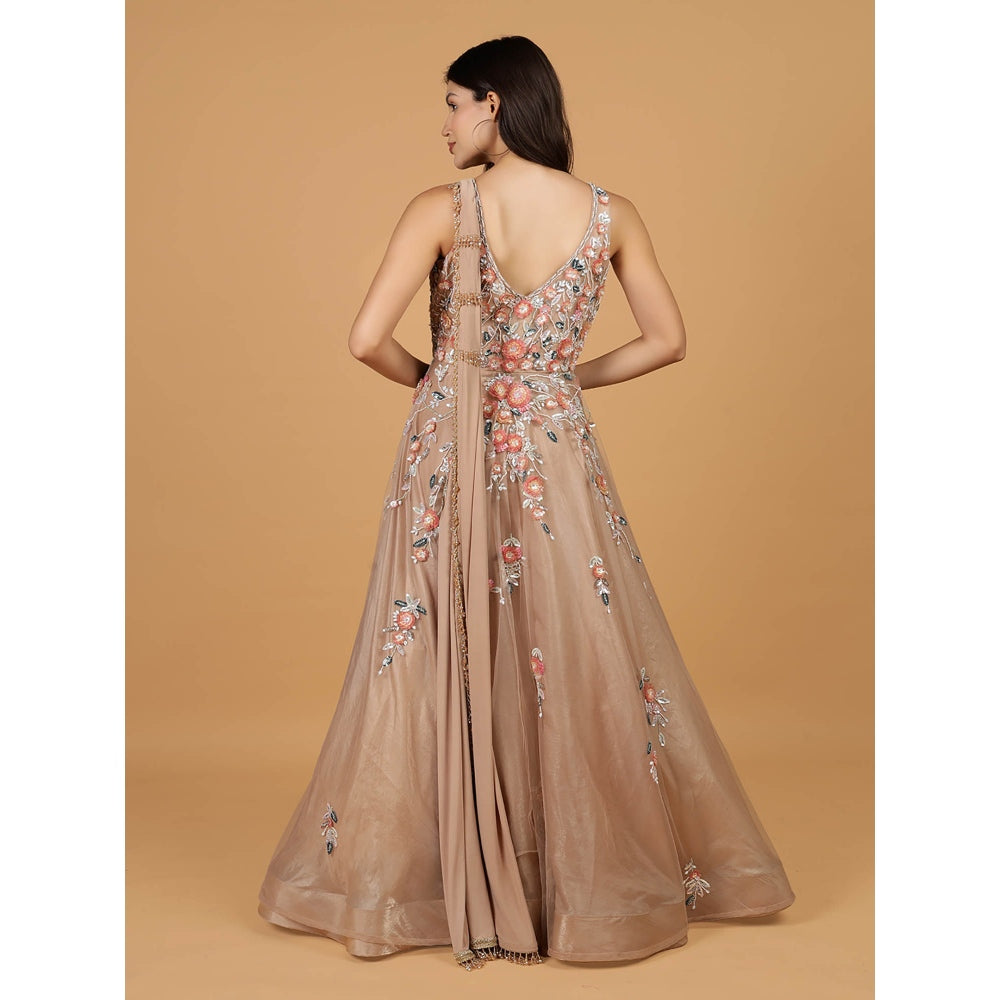MILU MADAN Brown Net Opaque Sequins Work Gown