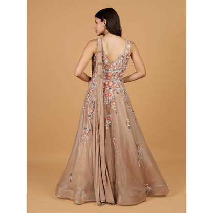 MILU MADAN Brown Net Opaque Sequins Work Gown