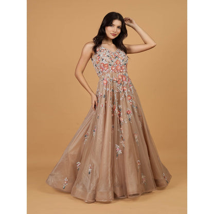 MILU MADAN Brown Net Opaque Sequins Work Gown
