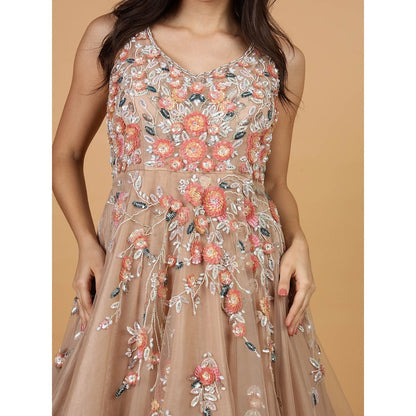MILU MADAN Brown Net Opaque Sequins Work Gown