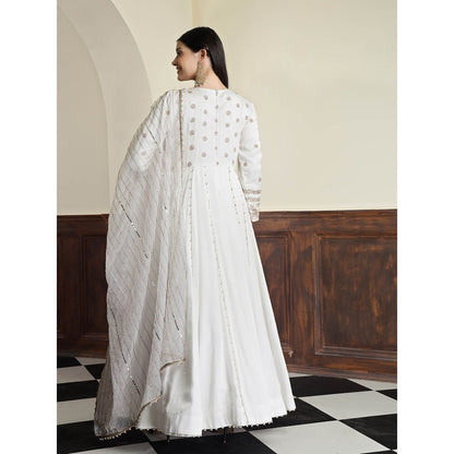MILU MADAN Off White Modal Satin Embroidery Anarkali Dress with Dupatta