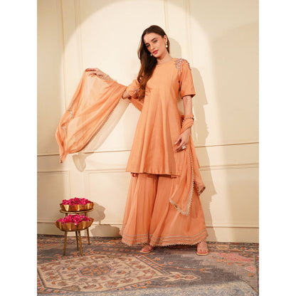 MILU MADAN Dark Peach Katan Silk & Georgette Peplum Kurti with Sharara and Dupatta