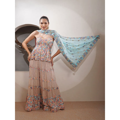 MILU MADAN Light Fawn Pastel Sequin Bead Work Kurti with Palazzo and Dupatta