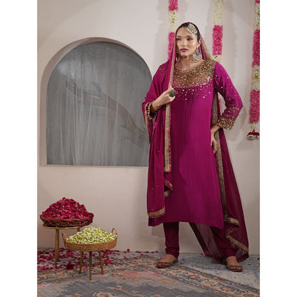MILU MADAN Wine Beadwork Sequin Crepe Kurta with Churidar & Dupatta