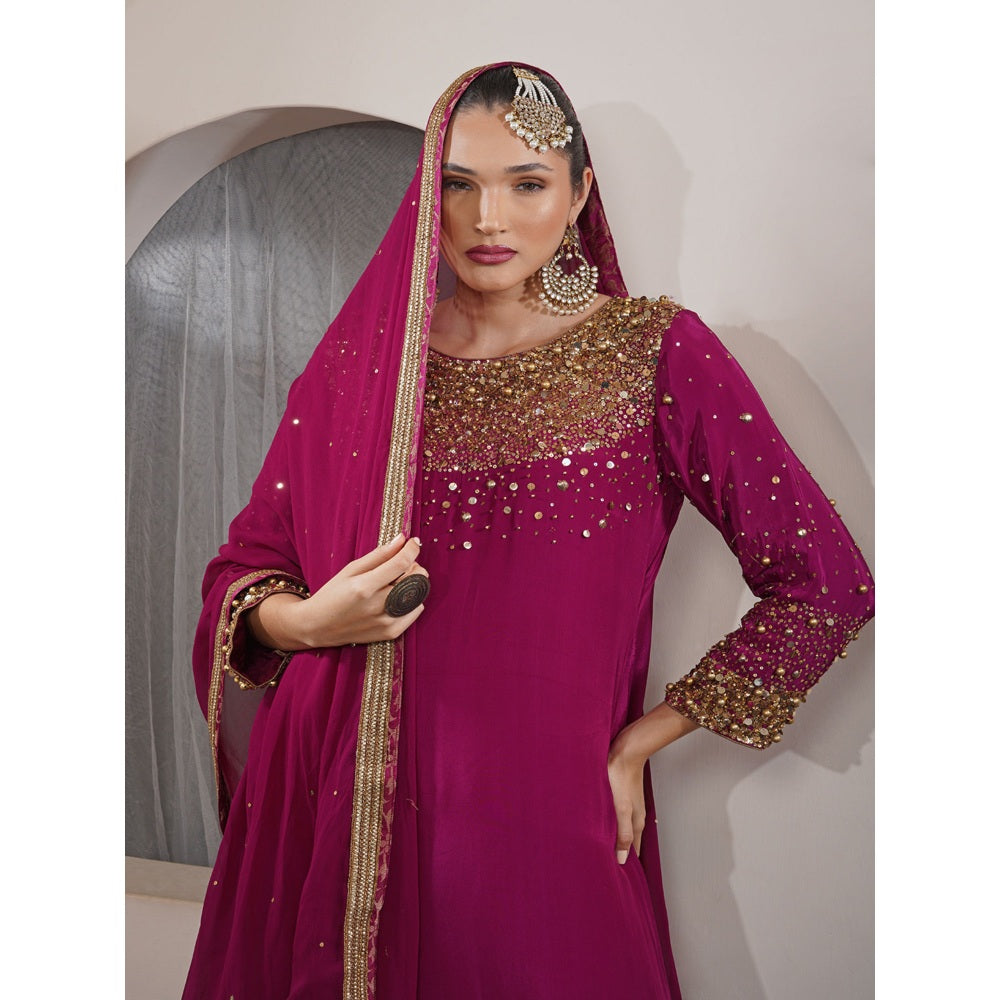 MILU MADAN Wine Beadwork Sequin Crepe Kurta with Churidar & Dupatta