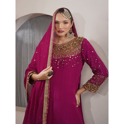 MILU MADAN Wine Beadwork Sequin Crepe Kurta with Churidar & Dupatta
