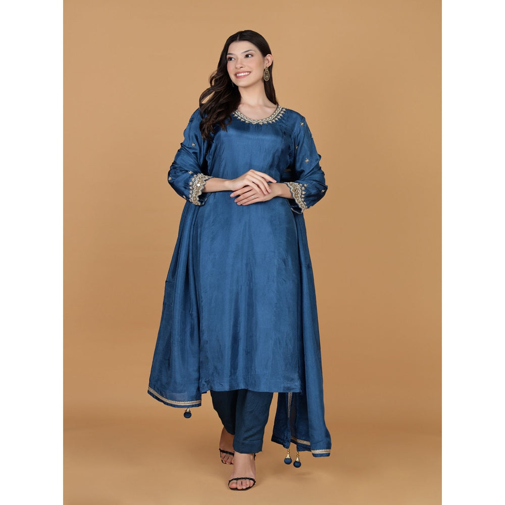 MILU MADAN Persian Blue Silk Pearl Cutdana Work Kurta with Pant & Dupatta