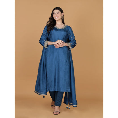 MILU MADAN Persian Blue Silk Pearl Cutdana Work Kurta with Pant & Dupatta