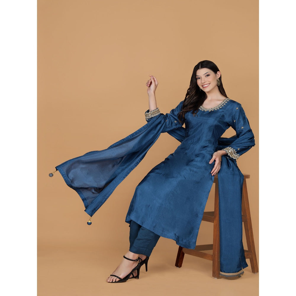 MILU MADAN Persian Blue Silk Pearl Cutdana Work Kurta with Pant & Dupatta