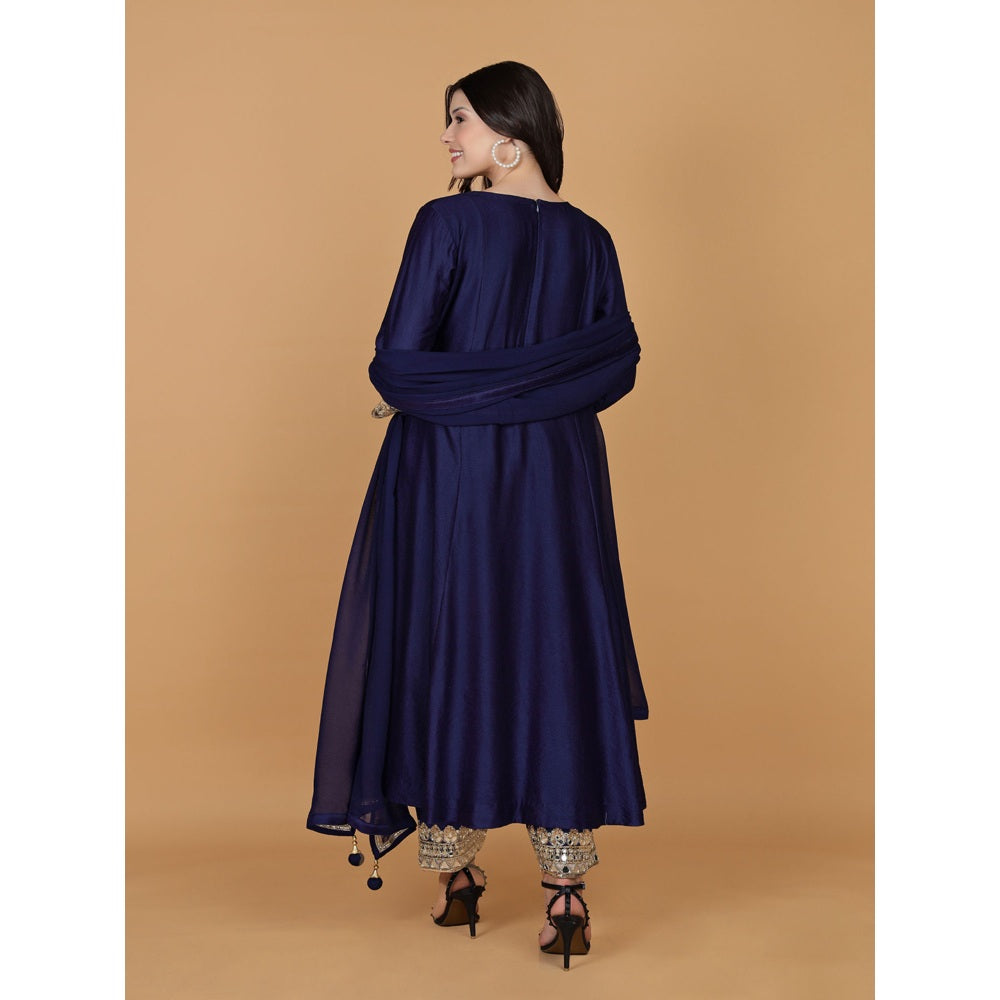 MILU MADAN Dark Blue Self Katan Mirror Work Kurta with Palazzo & Dupatta