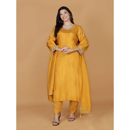 MILU MADAN Mustard Silk Pearl Cutdana Work Kurta with Pant & Dupatta