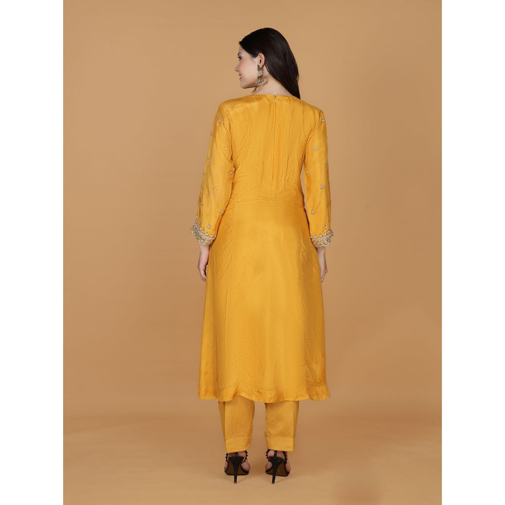 MILU MADAN Mustard Silk Pearl Cutdana Work Kurta with Pant & Dupatta