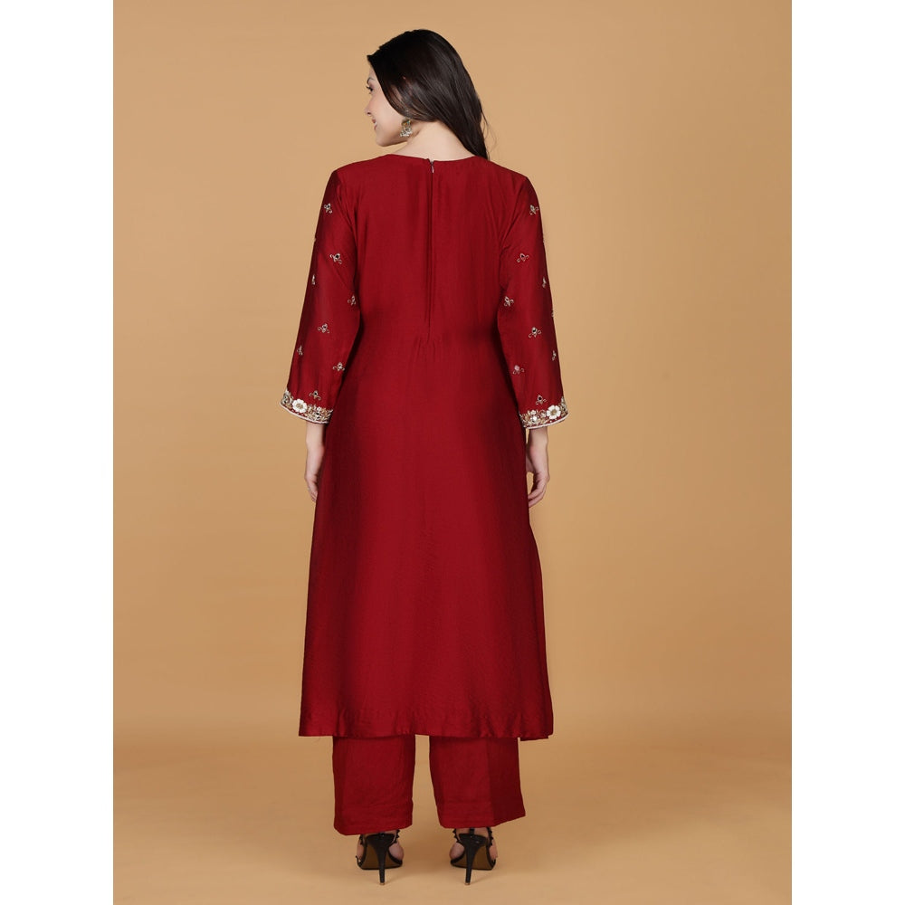 MILU MADAN Maroon Self Katan Pearl Mirror Embroidery Kurta with Palazzo & Dupatta
