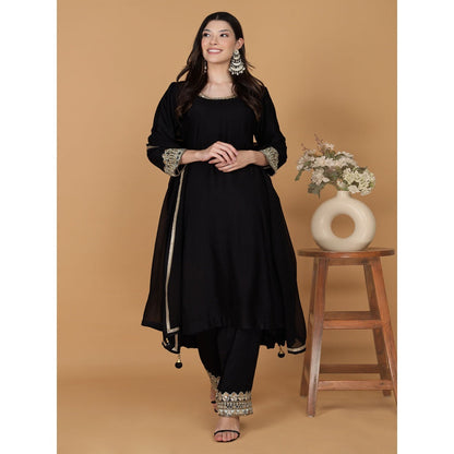 MILU MADAN Black Self Katan Mirror Work Kurta with Palazzo & Dupatta