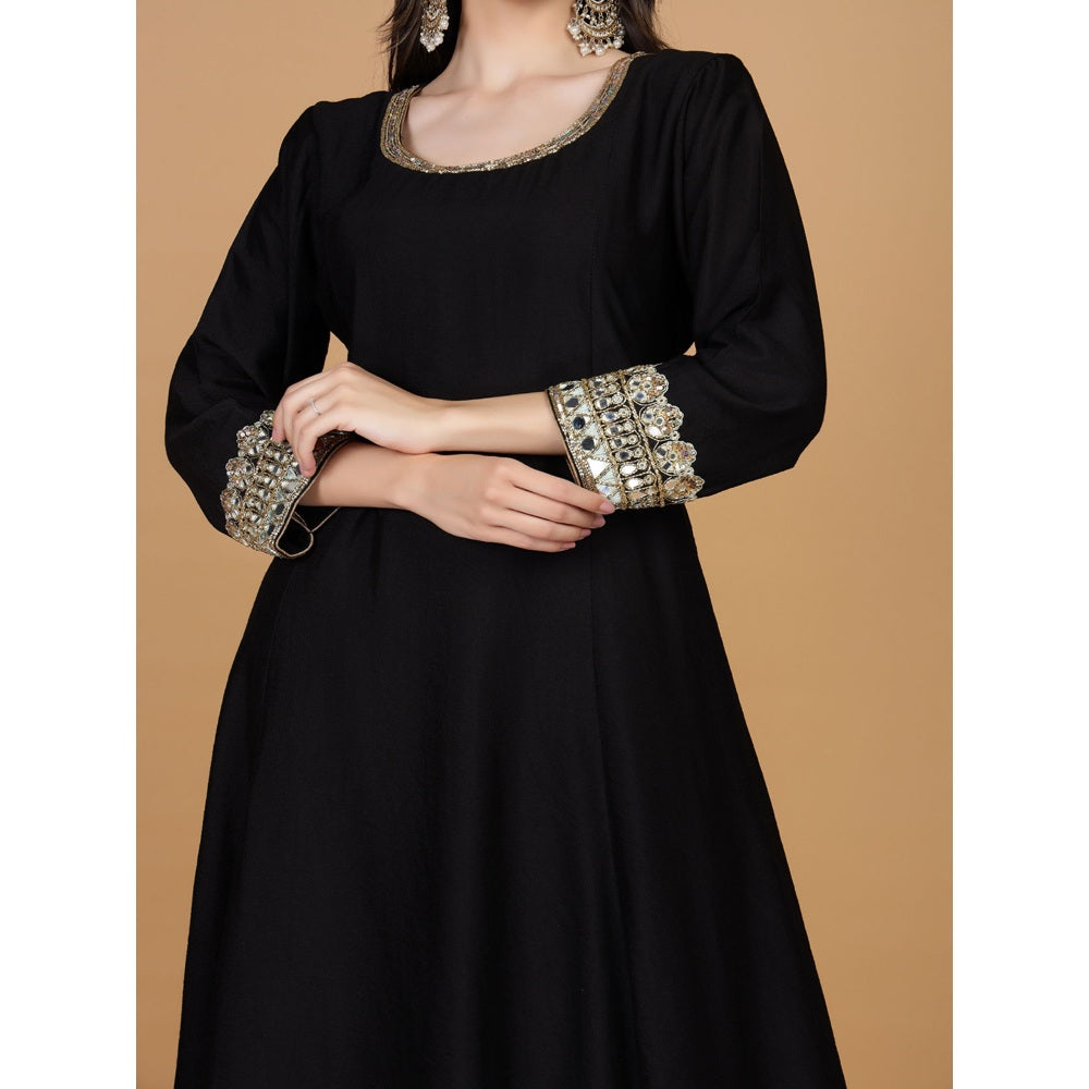 MILU MADAN Black Self Katan Mirror Work Kurta with Palazzo & Dupatta