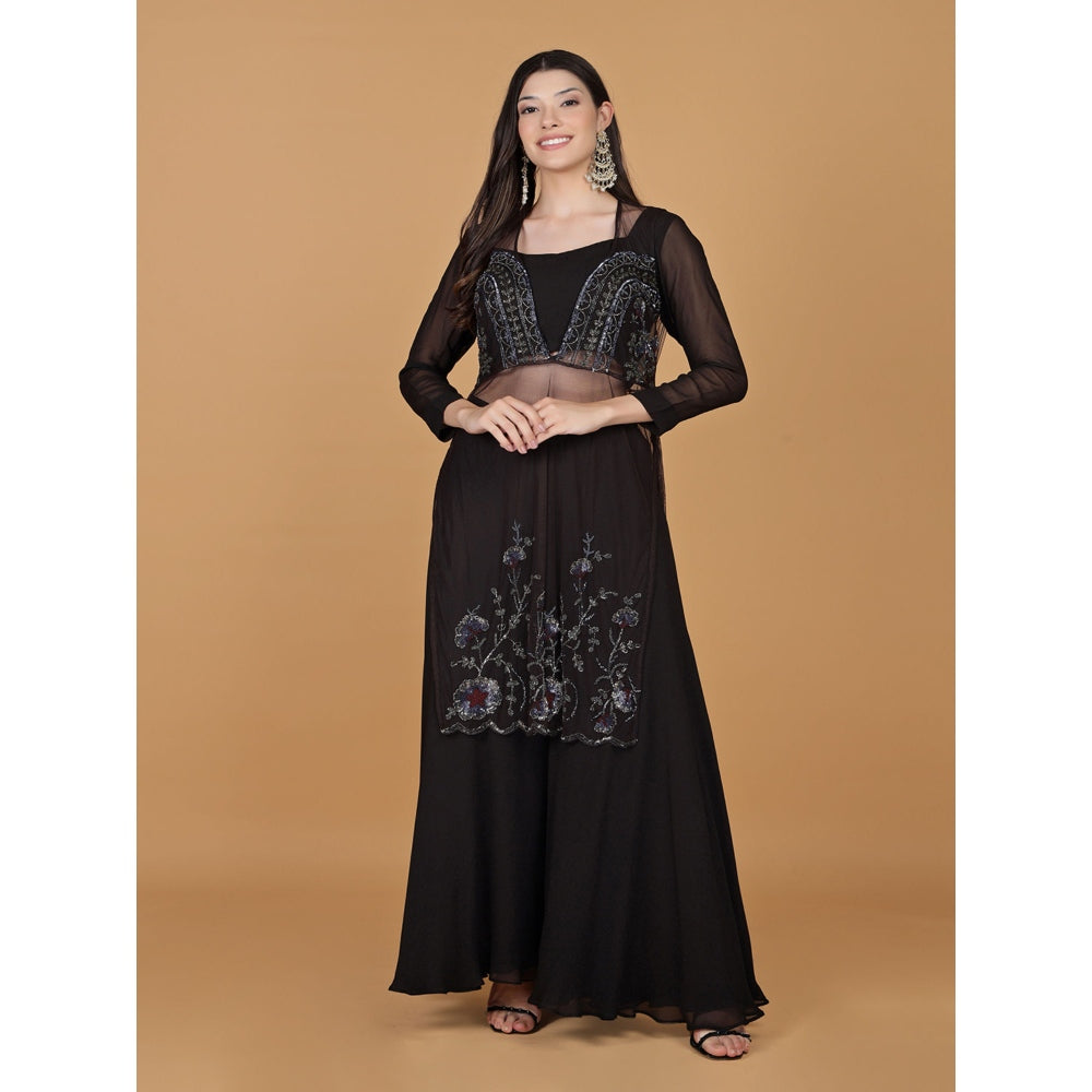 MILU MADAN Dark Brown Georgette Sequins Beads Kurta with Blouse and Sharara